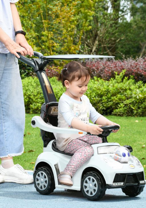 3 in 1 Push Car Sliding Car with Removable Handle, Music, Horn, Canopy, Safety Guardrail, White