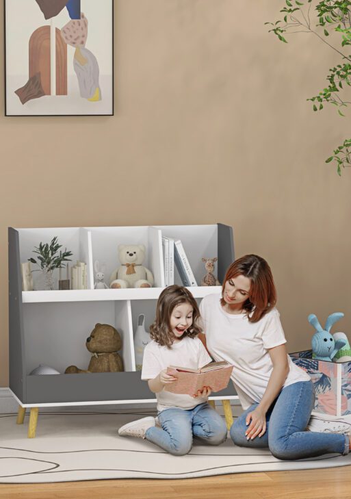 2 Tier Kids Bookcase Toy Shelf with 5 Compartments, Anti-tip Device for Nursery, Playroom, Gray