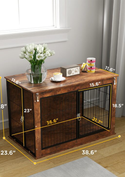 39" Dog Crate Furniture with Flip-up Top Opening, 2 Doors, Dog Kennel Furniture for Large Dogs, Rustic Brown