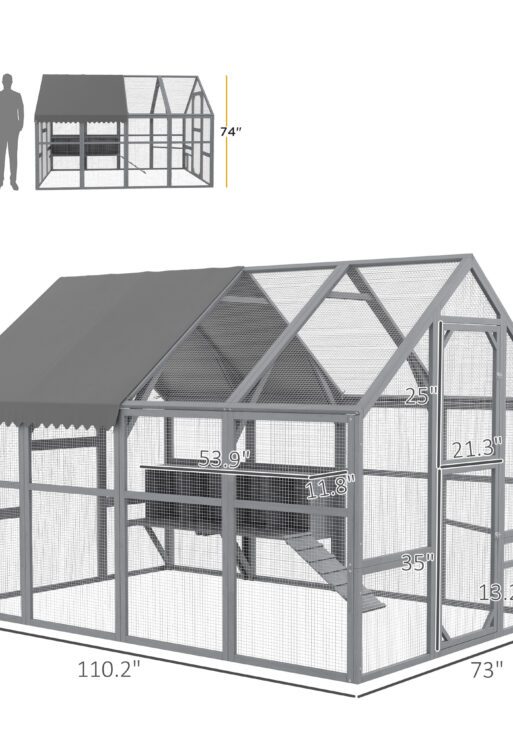 9' x 6' x 6' Large Chicken Coop with Nesting Box, Water-Resistant and Anti-UV Cover for 8-12 Chickens, Gray