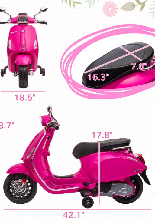 Vespa Licensed Kids Motorcycle 6V Toddler Motorcycle with Music, FM Radio, Headlight, Pink