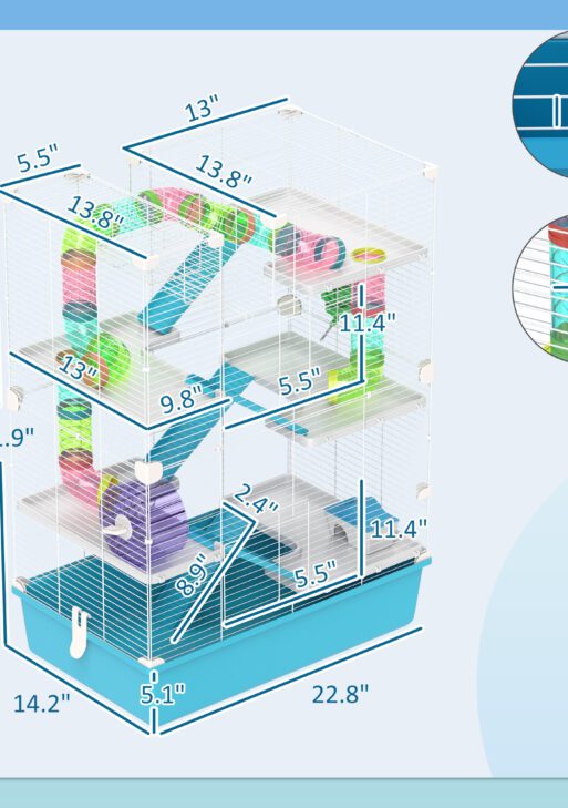 6 Tier Hamster Cage with Tubes and Tunnels, Hut, Wheel, Food Dish, Water Bottle, Ramps, for Dwarf & Gerbil, Light Blue