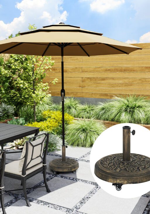 Round Patio Umbrella Base, 46 lbs Resin Umbrella Base with Wheels, Outdoor Umbrella Stand for 1.3"/1.5"/1.9" Umbrella Poles for Outdoor, Lawn, Poolside, Bronze