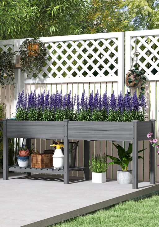Wood Raised Garden Box, Elevated Garden Bed with Side Table, Bottom Shelf, Bed Liners and Drainage Holes, Gray