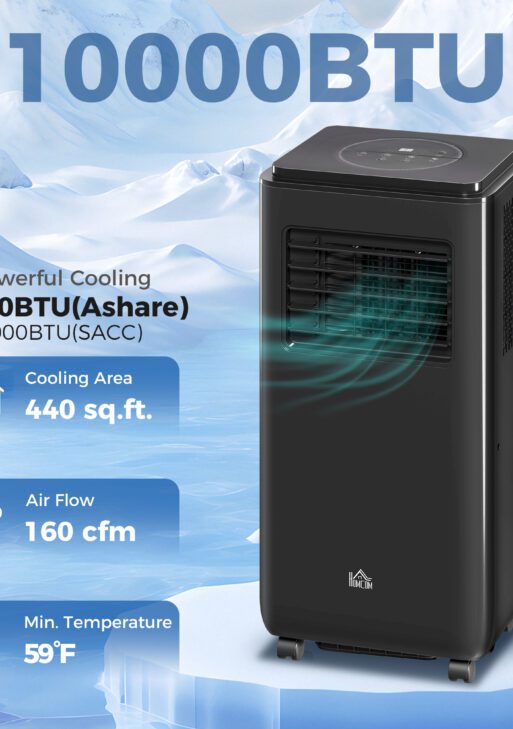 10,000 BTU Moible Air Conditioner 440 Sq. Ft., Dehumidifier Fan Auto Sleep with 24H Timer On/Off, Window Kit, Black