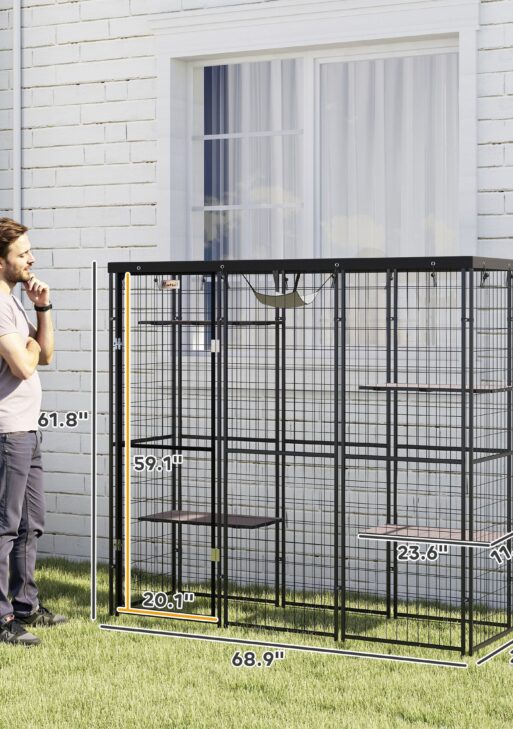 Weld Wire Catio Outdoor Indoor with Waterproof Cover, 4 Jumping Platforms, Hammock, for 1-3 Kittens, 69" x 22" x 62"