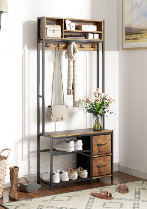 Hall Tree with Bench and Shoe Storage, 5-in-1 Entryway Bench with Coat Rack, 3 Storage Shelves, 2 Fabric Drawers, Brown