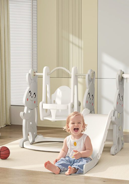 4 in 1 Toddler Slide and Swing Set with Climber, Basketball Hoop, Rabbit Themed Kids Playset for Ages 1.5-4, Gray