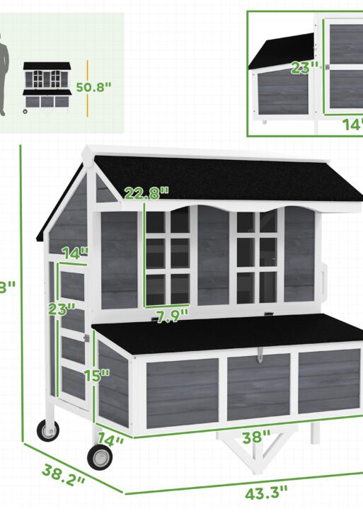 43" Chicken Coop with Wheels, Chicken Tractor with Nesting Box, Windows, Pull-out Tray, Perches, for 2-4 Hens, Gray