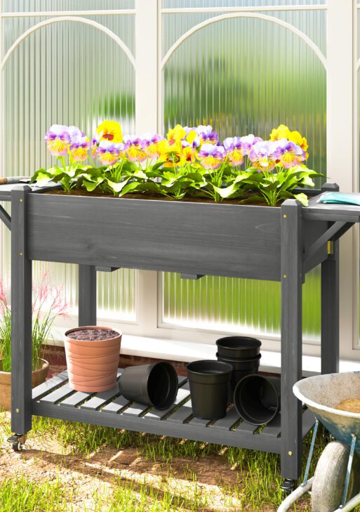 Wood Raised Planter Box, Elevated Garden Bed with Lockable Wheels, Side Tables, Bottom Shelf, Drain Holes, Gray