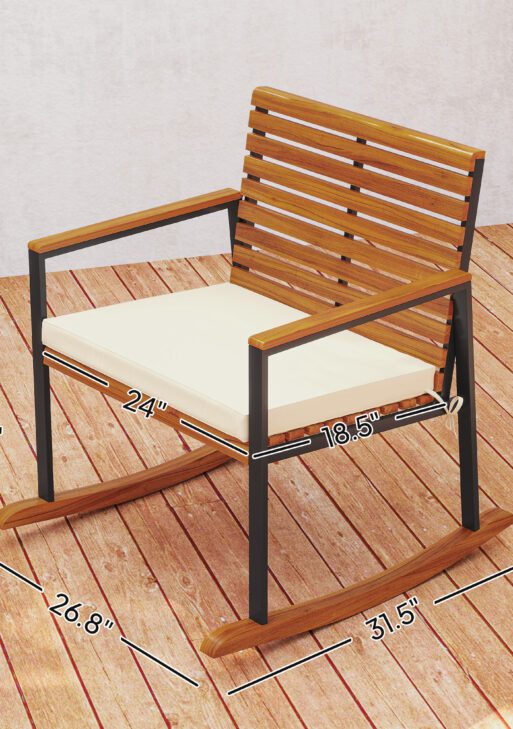 Acacia Wood Outdoor Lawn Rocking Chair Set of 2, Outdoor Patio Rocking Chairs with Armrests, Cushion, Cream White