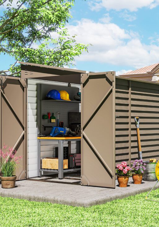4.6' x 9' Outdoor Storage Shed, Lean to Metal Shed with Foundation Kit, Lockable Doors and Gloves for Patio, Lawn, Brown
