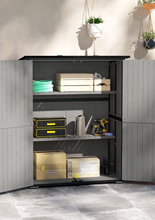 Wood Storage Shed, Outdoor Garden Shed with Asphalt Roof, 2 Shelves, Lockable Doors and Adjustable Feet, Gray