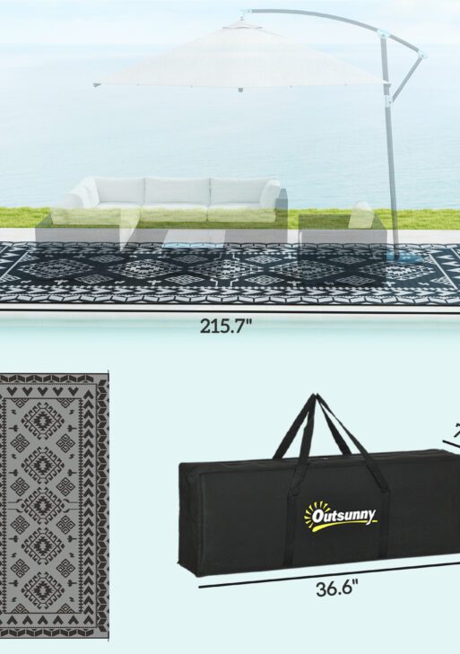 Reversible Outdoor Rug, Waterproof Plastic Straw with Carry Bag, 9' x 18', Black & Gray Rhombus Patchwork