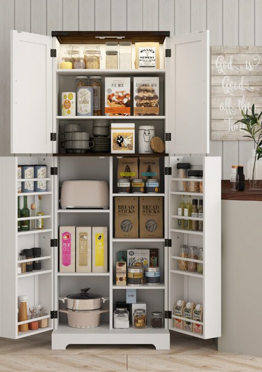 64" Tall Kitchen Pantry Cabinet with Motion Sensor Light, Spice Racks and Adjustable Shelves, White
