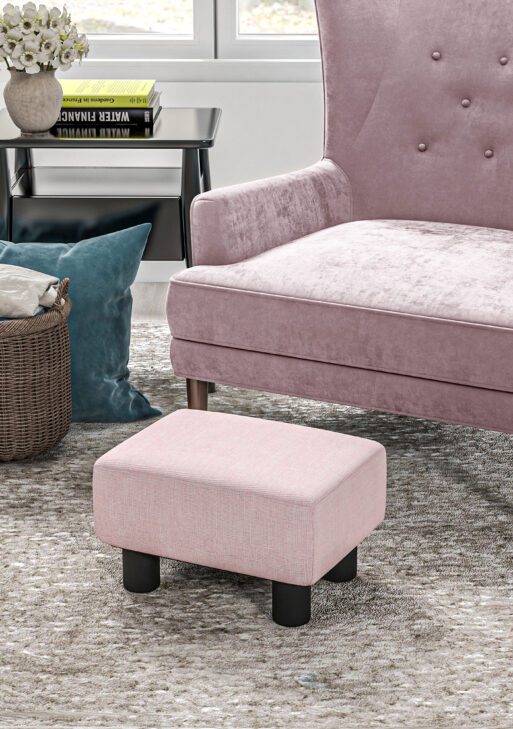 Small Ottoman Foot Rest, Foot Stool with Linen Fabric Upholstery and Plastic Legs, Cube Ottoman, Pink