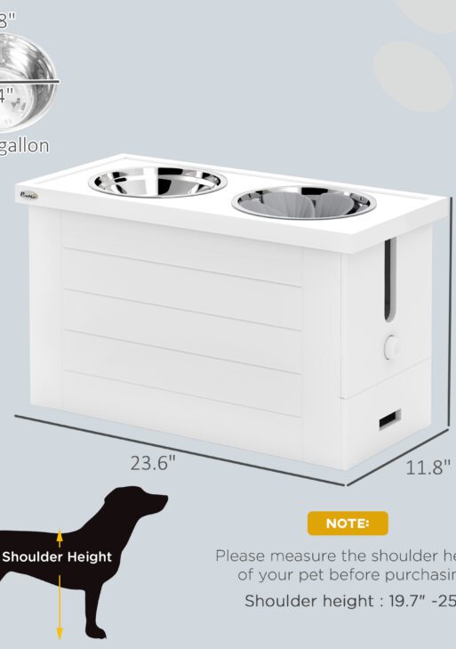 Elevated Dog Bowls with Slow Feeder Mat, Storage Cabinet, 3 Stainless Steel Bowls for Large & Extra Large Dogs, White