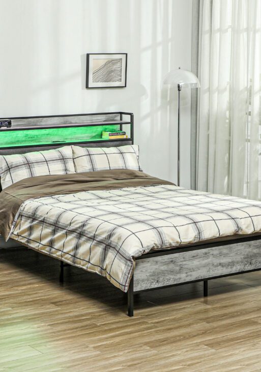 Full Bed Frame with Storage Upholstered Headboard, Full Size Bed Frame with LED Lights, Charging Station, Cement Gray