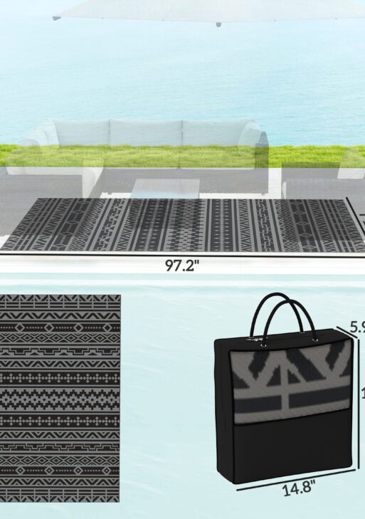 Reversible Outdoor Rug, Waterproof Plastic Straw with Carry Bag, 6' x 9', Black & Gray Geometric Wall