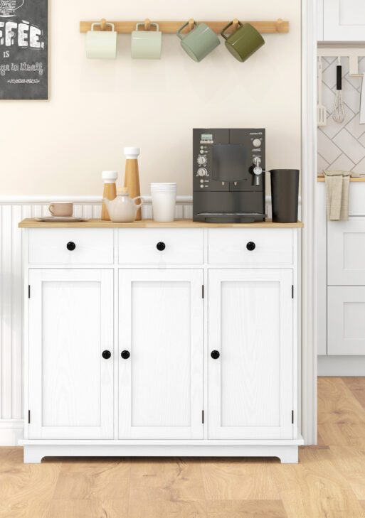 Kitchen Storage Cabinet, Sideboard Floor Cupboard with Solid Wood Top, Adjustable Shelf, and 3 Drawers, White