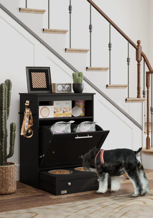 Pet Feeder Station Storage Cabinet, Dog Food Storage Container with Dog Raised Bowls, Watering Supplies, Black