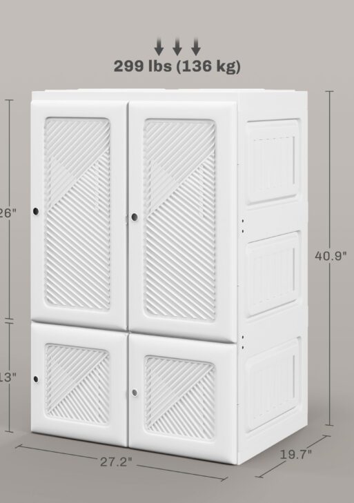 Portable Wardrobe, Foldable Clothes Storage Organizer with 6 Compartments, Magnet Doors, Easy Assembly, White