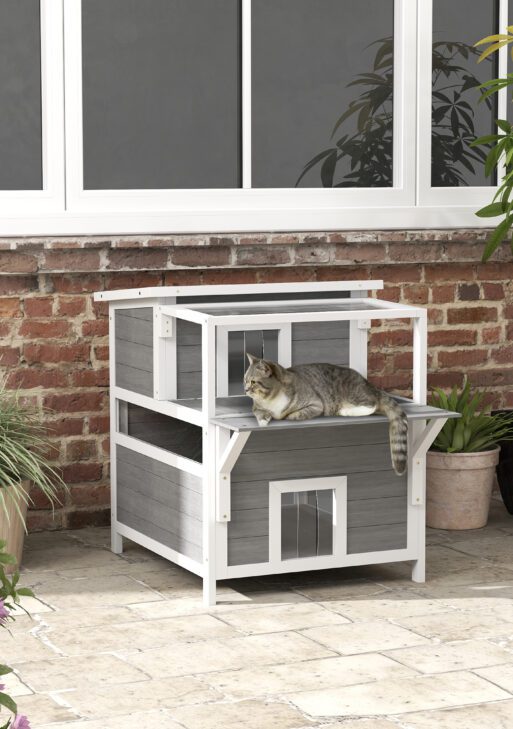 2-Story Wooden Cat House Outdoor with Balcony, Openable Top, Escape Door, Removable Panel & Floor, for Backyard, Outside