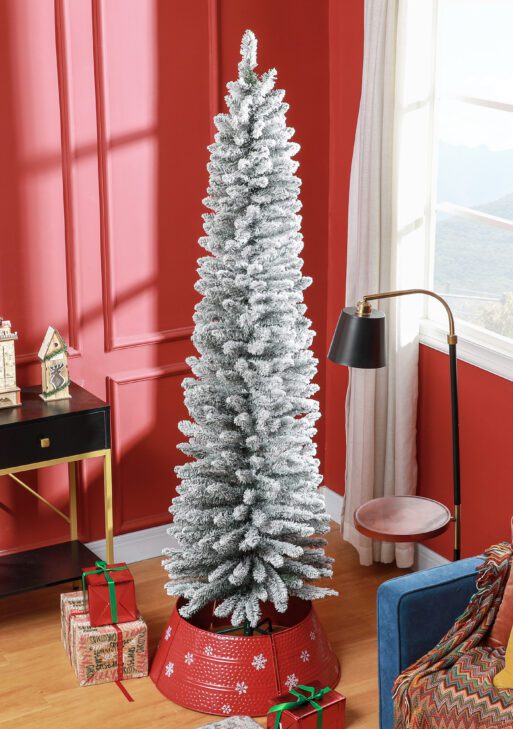 7ft Artificial Christmas Tree, Snow Flocked Branches, Metal Base, Pencil Xmas Tree