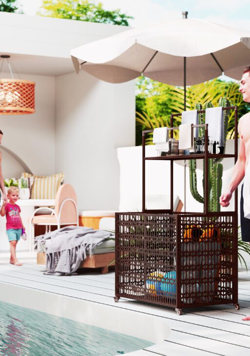 Wicker Pool Float Storage Organizer, PE Rattan Pool Float Holder with Basket Shelf Towel Bars, Rolling Pool Caddy for Floaties, Noodles, Life Vests, Beach Balls, Brown