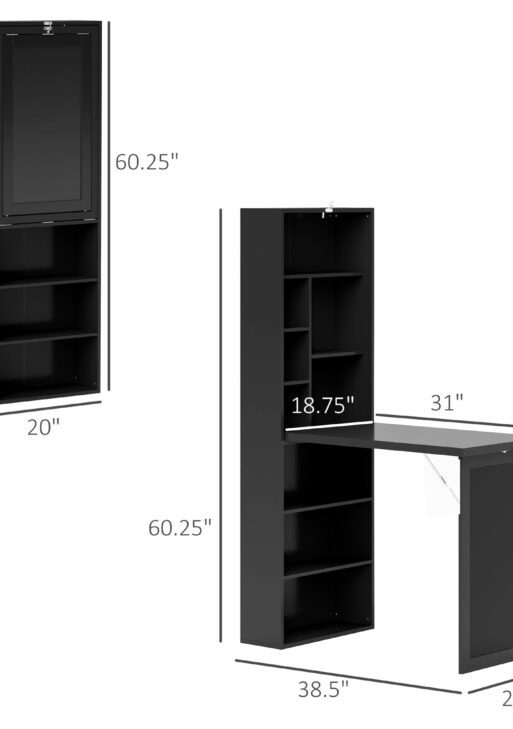 Fold-out Convertible Home Office Desk, Wall Mount Computer Desk with Blackboard and Side Shelf, Black