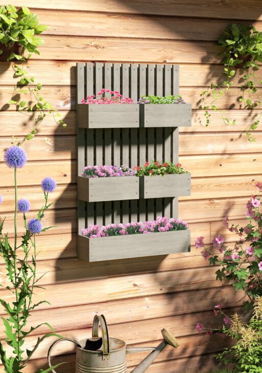 5 Box Raised Garden Bed w/ Trellis for Climbing Plants, Wall-Mounted Wood Planters w/ Drainage Holes, Gray