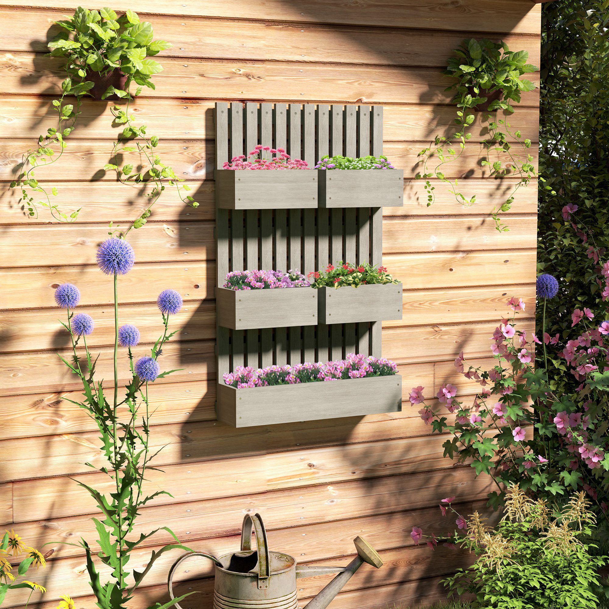 5 Box Raised Garden Bed w/ Trellis for Climbing Plants, Wall-Mounted Wood Planters w/ Drainage Holes, Gray