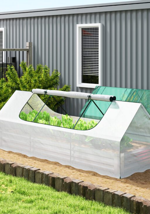 8.6 x 3 x 1ft Raised Garden Bed with Mini Greenhouse, Galvanized Raised Garden Bed with Cover for Herbs and Vegetables, Small Greenhouse for Patio Garden Balcony, White and Silver