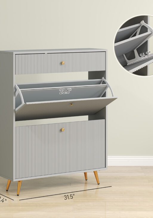Narrow Shoe Storage Cabinet with Wave-like Panels and Adjustable Shelves for 12 Pairs of Shoes, Gray