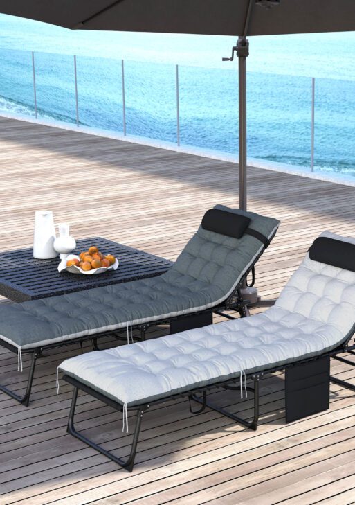 Outdoor Chaise Lounge Chair Set of 2, 5-Level Adjustable Folding Pool Lounge Chairs with Cushions, Black/Gray