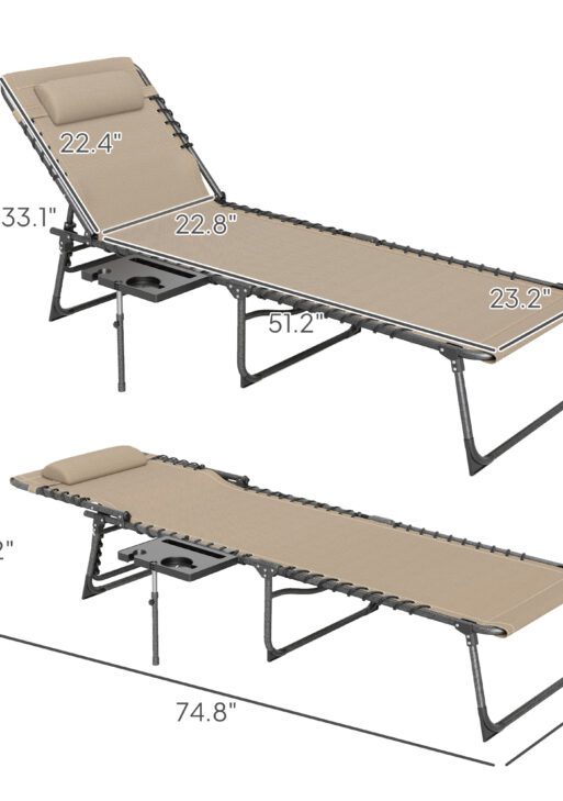 Folding Outdoor Chaise Lounge Chair Tanning Chair with 5-Level Adjustable Back, Side Table, Pillow, Pocket, Beige