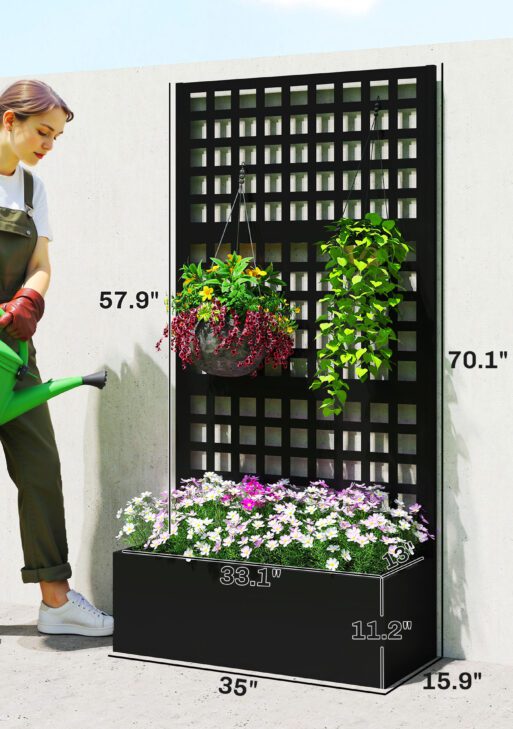 Galvanized Raised Garden Bed Planter Box with Trellis for Climbing Plants, Vegetable, Vines, 35" x 16" x 70", Black