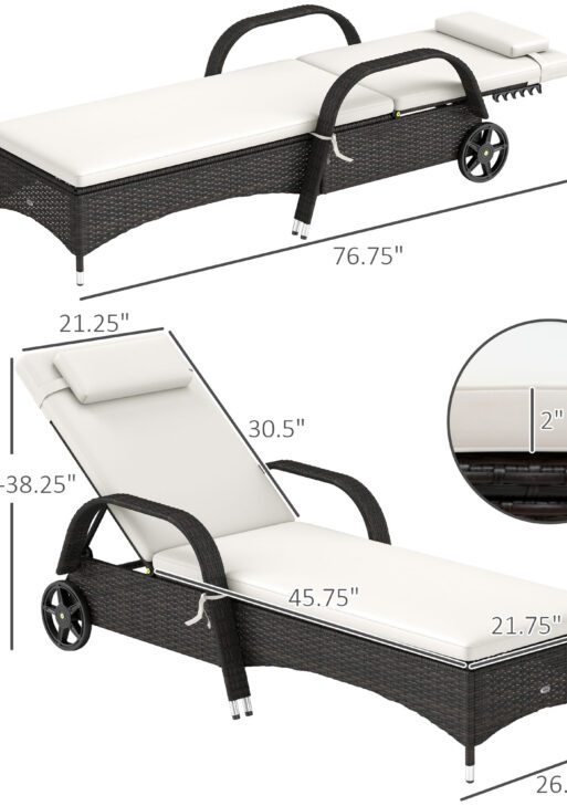 Outdoor Chaise Lounge, 5-Level Adjustable Backrest Rattan Pool Lounge Chair with Wheels, Cushion & Headrest, Cream