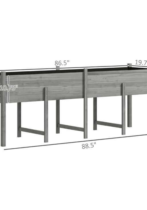 Wooden Raised Garden Bed, Large Elevated Planter Box with Legs, Bed Liner and Drain Holes, 7.4' x 1.8' x 2.6', Gray