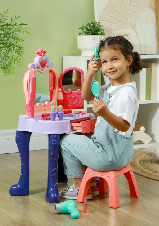 Kids Vanity Set with Mirror and Stool, Music, Light, Drawer, Hair Dryer, 20 Makeup Accessories, Multicolor