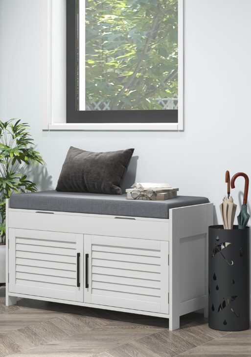 Shoe Storage Bench, Modern Entryway Bench with Cushion, Hidden Compartments, Adjustable Shelves, Shutter Doors, White