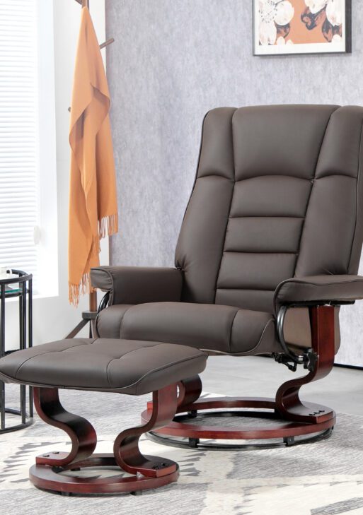 Faux Leather Recliner with Ottoman, Swivel Recliner Chair and Ottoman with High Back and Wood Base, Brown