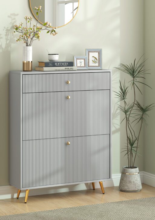 Narrow Shoe Storage Cabinet with Wave-like Panels and Adjustable Shelves for 12 Pairs of Shoes, Gray