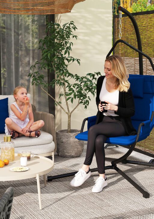 Hammock Chair with Stand and PA Coating Cushion, Hanging Swing Chair with Steel Frame for Indoor and Outdoor, Dark Blue