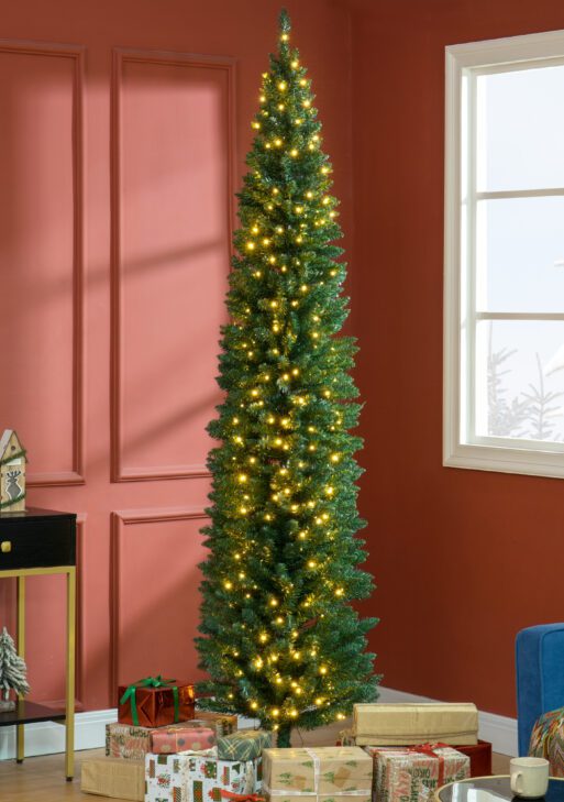 8ft Pencil Christmas Tree, Slim Artificial Christmas Tree with Realistic Branches and Warm White LED Lights, Green