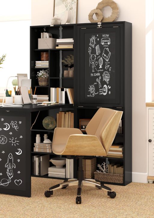 Fold-out Convertible Home Office Desk, Wall Mount Computer Desk with Blackboard and Side Shelf, Black