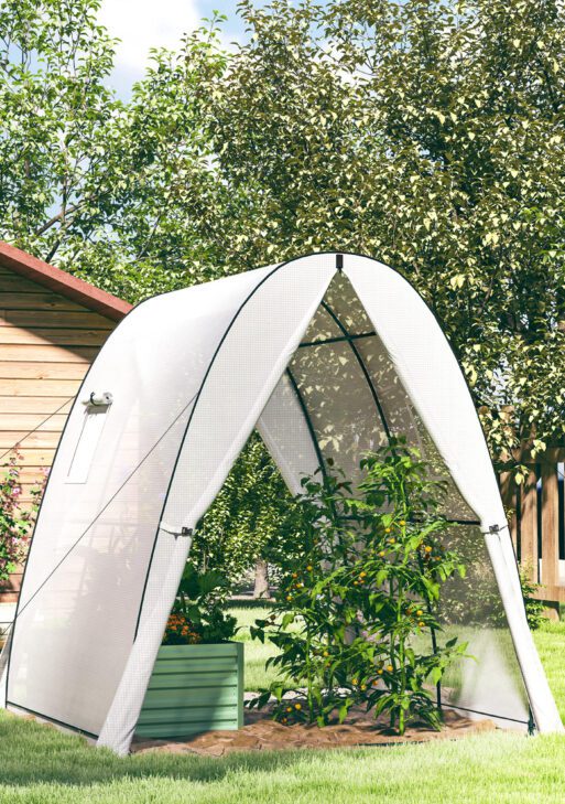 Tunnel Hoop House Greenhouse with Sandbags and Hemmed PE Cover, 2 Doors and Screen Windows, 6' x 6' x 6.6', White