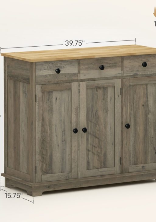 Kitchen Storage Cabinet, Sideboard Floor Cupboard with Solid Wood Top, Adjustable Shelf, and 3 Drawers, Distressed Gray