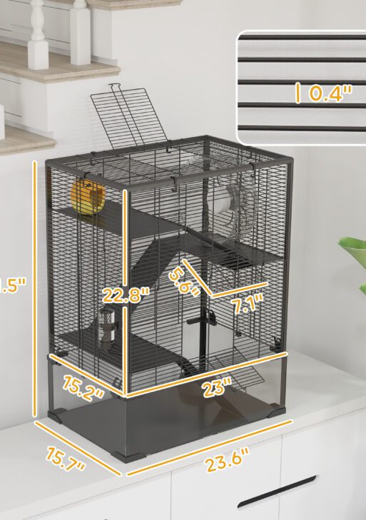 4 Tier Hamster Cage with Deep Tempered Glass Bottom, Running Wheel, Hut, Water Bottle, Food Dish, 24" x 16" x 31.5"