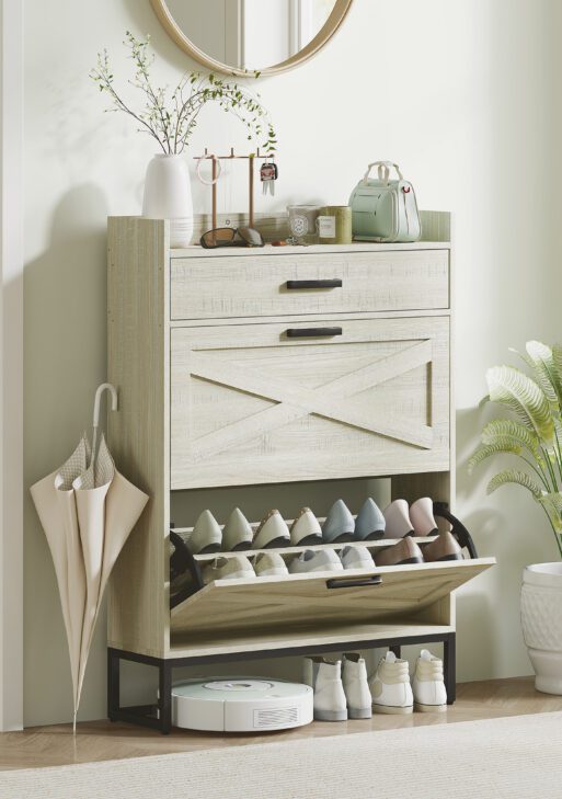 Slim Shoe Storage Cabinet, Shoes Cabinet Organizer with 2 Flip Drawers, Adjustable Shelves for 12 Pair, Distressed White